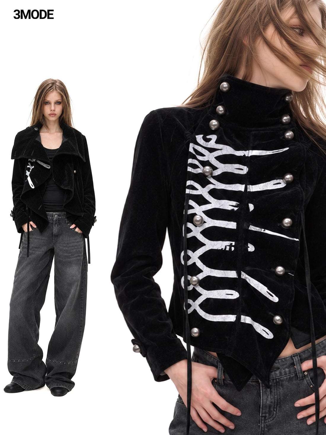 3MODE Gothic Velvet Print Metal Button High Collar Women&