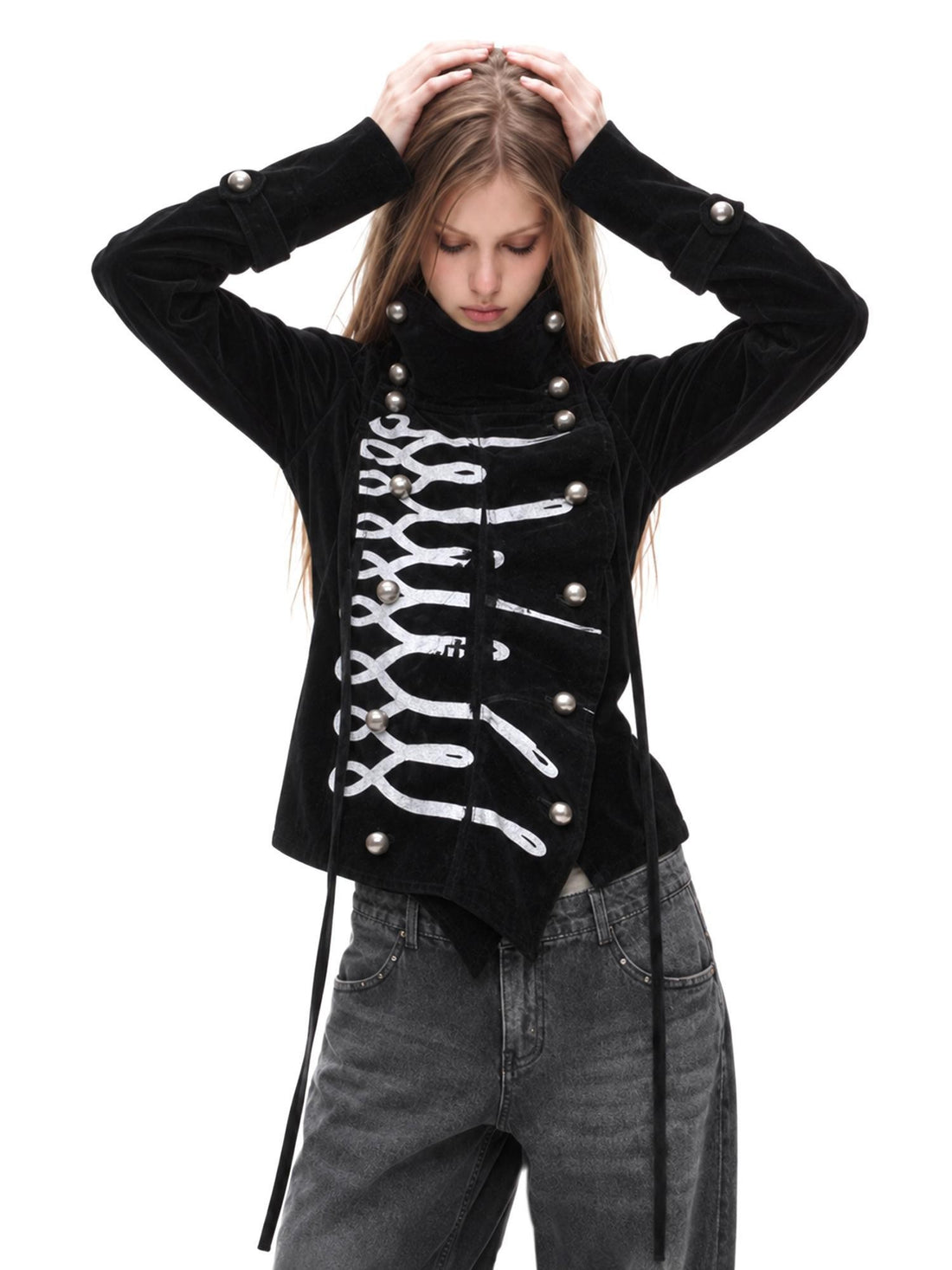 3MODE Gothic Velvet Print Metal Button High Collar Women&