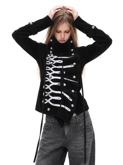 3MODE Gothic Velvet Print Metal Button High Collar Women&