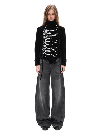 3MODE Gothic Velvet Print Metal Button High Collar Women&