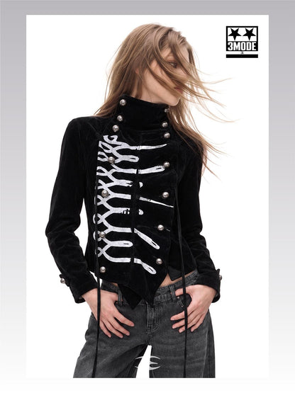 3MODE Gothic Velvet Print Metal Button High Collar Women&