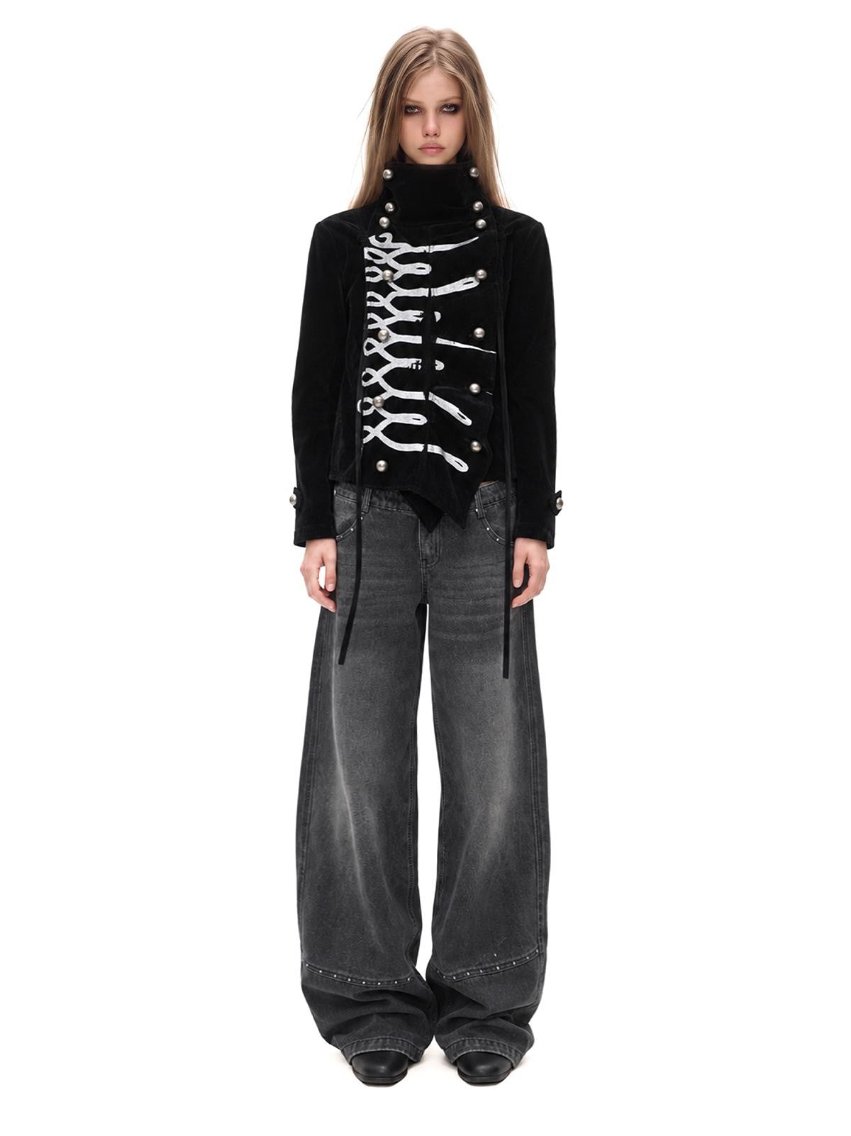 3MODE Gothic Velvet Print Metal Button High Collar Women&