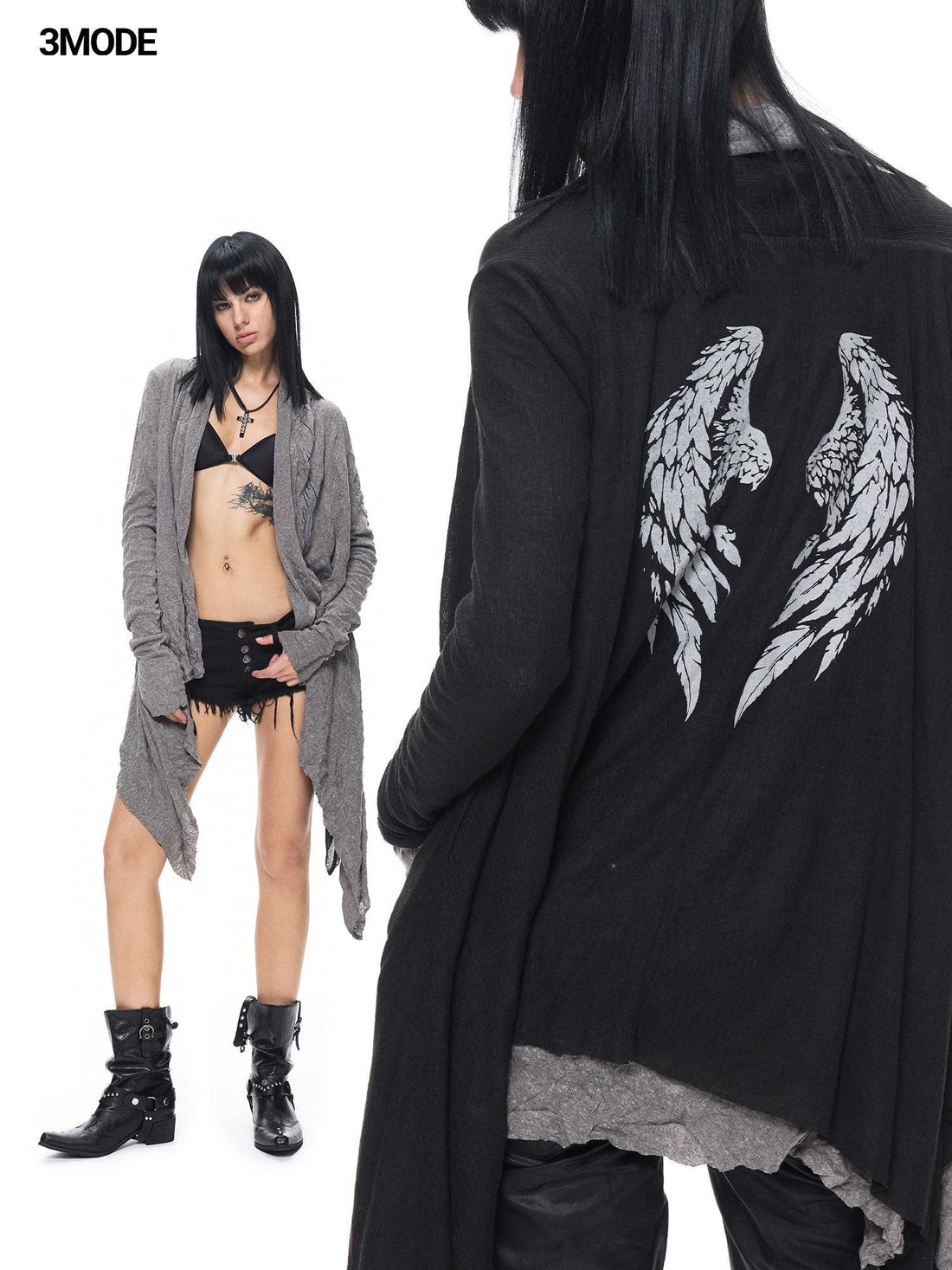 3MODE Gothic Wings Print Reversible Hooded Asymmetric Hem Women&