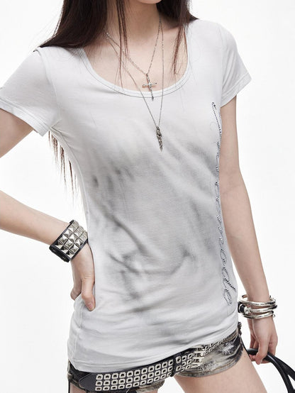3MODE Gradient Side Rhinestone Lettering U Neck Women&