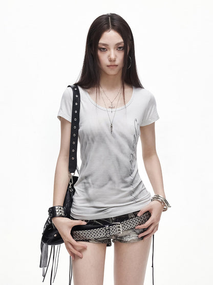 3MODE Gradient Side Rhinestone Lettering U Neck Women&