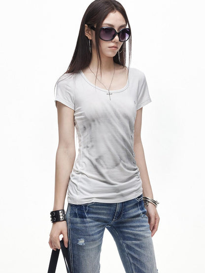 3MODE Gradient Side Rhinestone Lettering U Neck Women&