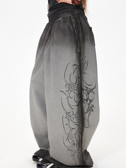 3MODE Gray Heavy Embroidery Mid High Waist Loose Women&