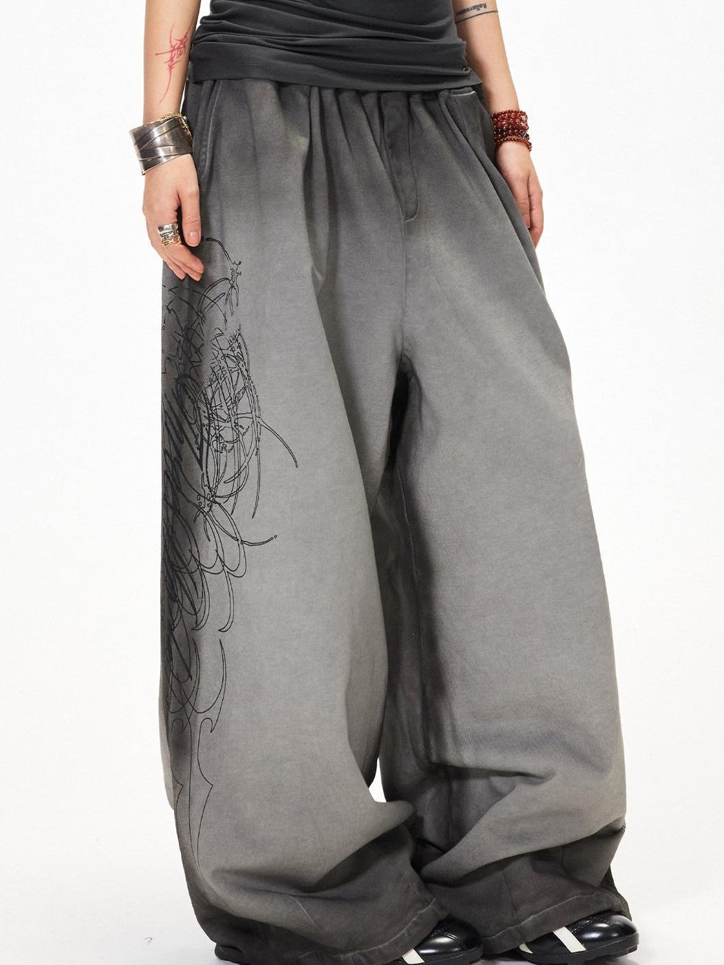 3MODE Gray Heavy Embroidery Mid High Waist Loose Women&