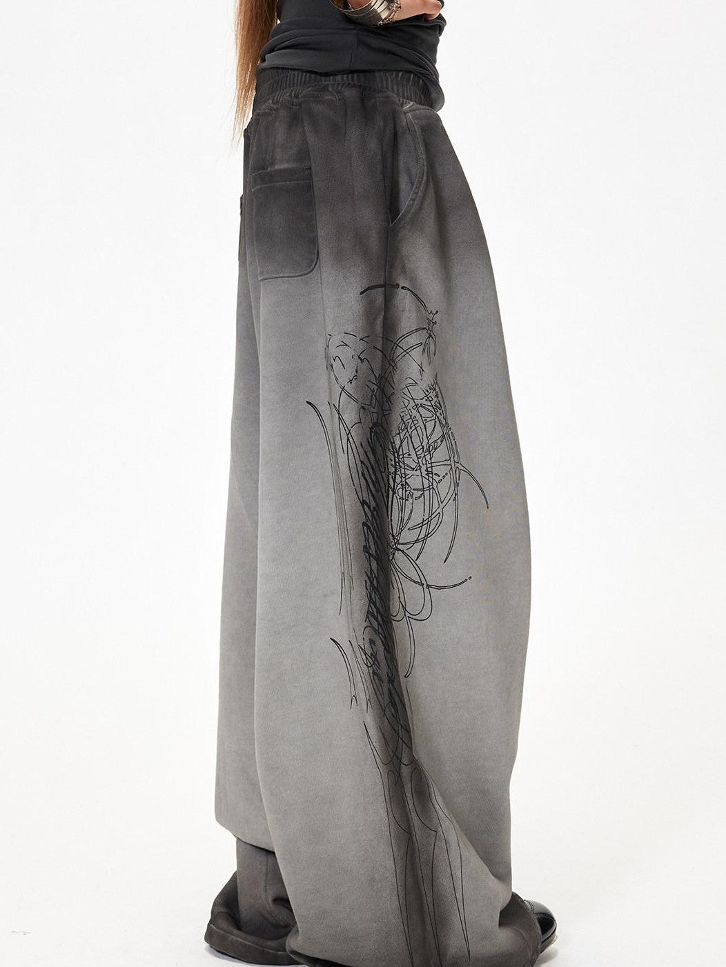 3MODE Gray Heavy Embroidery Mid High Waist Loose Women&