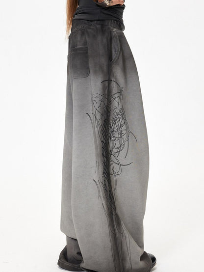 3MODE Gray Heavy Embroidery Mid High Waist Loose Women&
