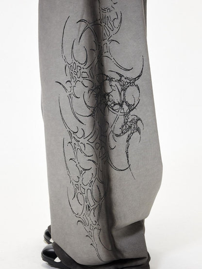 3MODE Gray Heavy Embroidery Mid High Waist Loose Women&