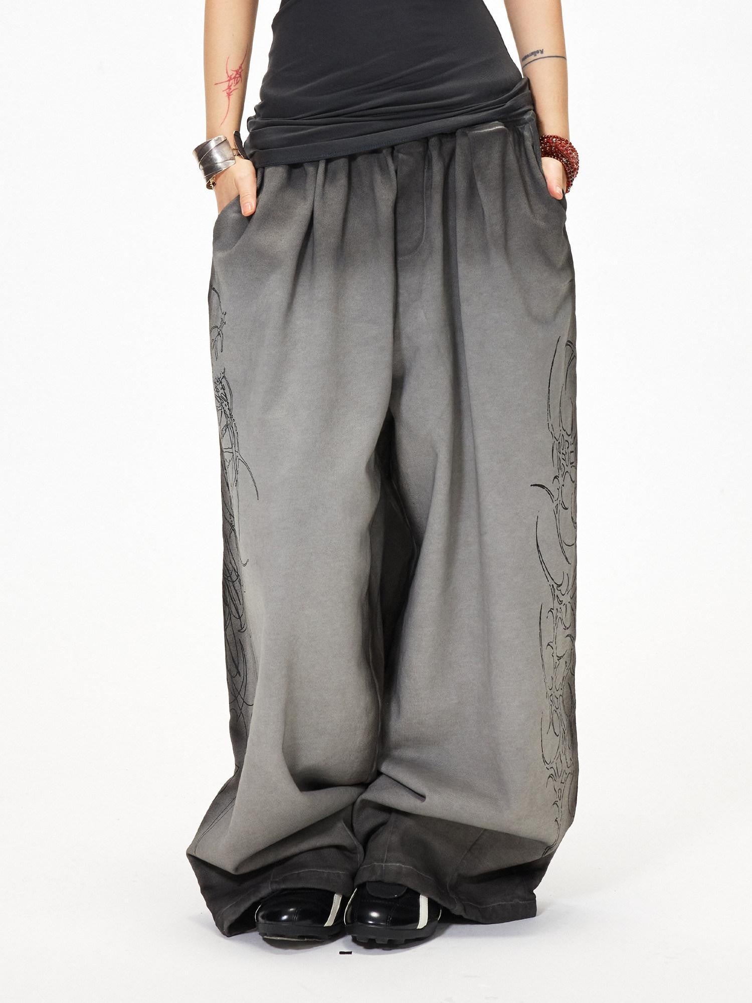 3MODE Gray Heavy Embroidery Mid High Waist Loose Women&