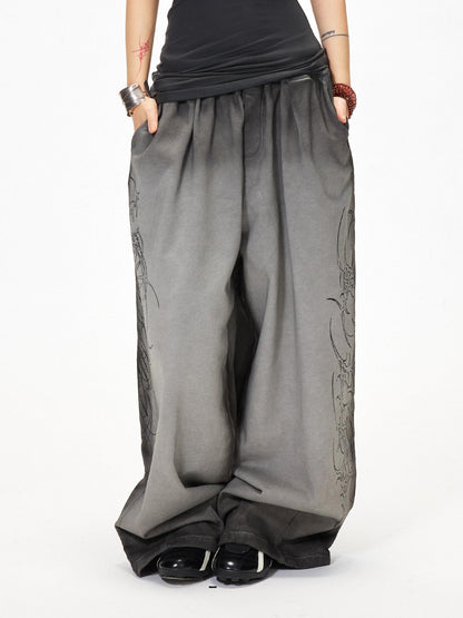 3MODE Gray Heavy Embroidery Mid High Waist Loose Women&