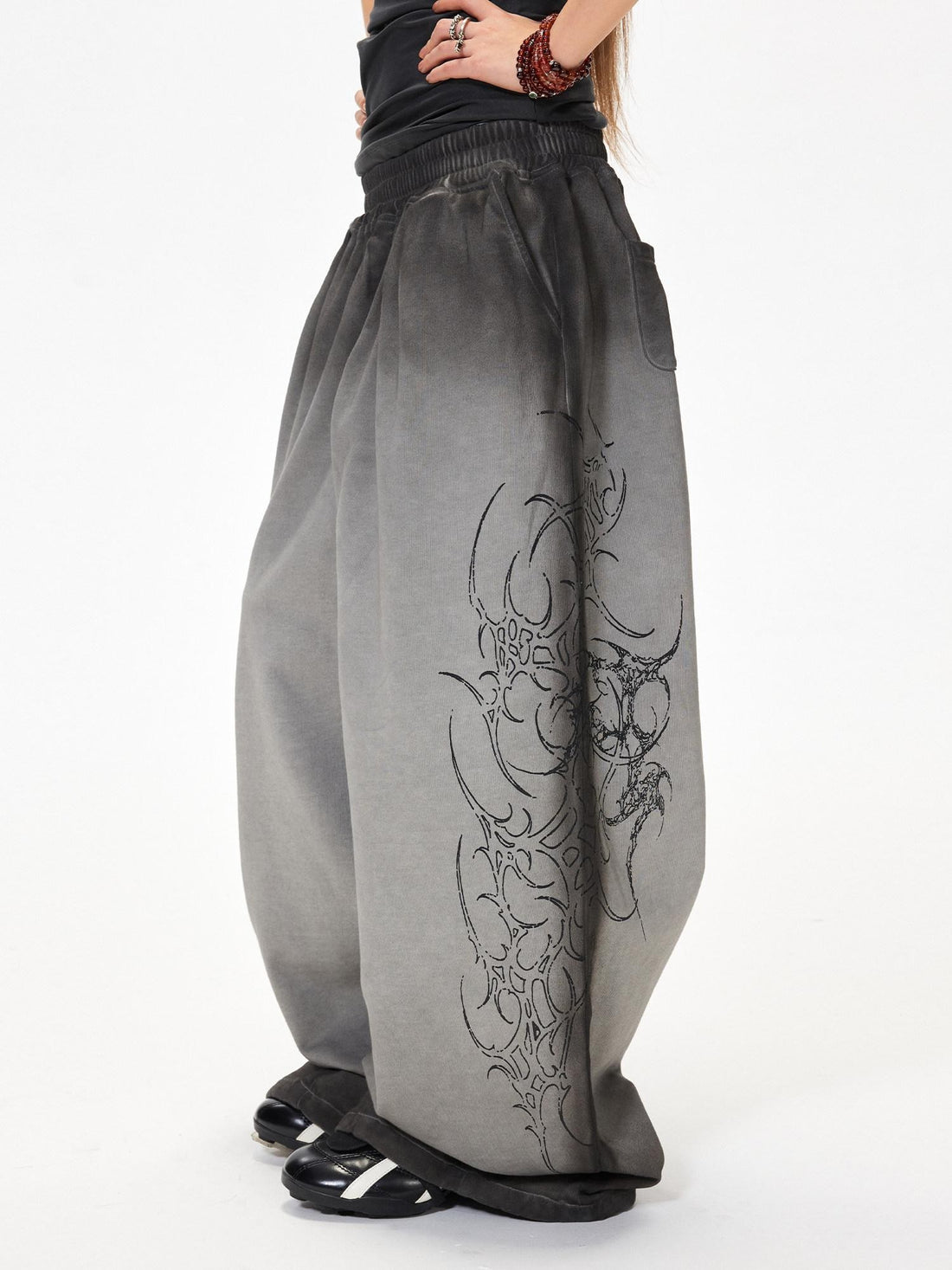 3MODE Gray Heavy Embroidery Mid High Waist Loose Women&