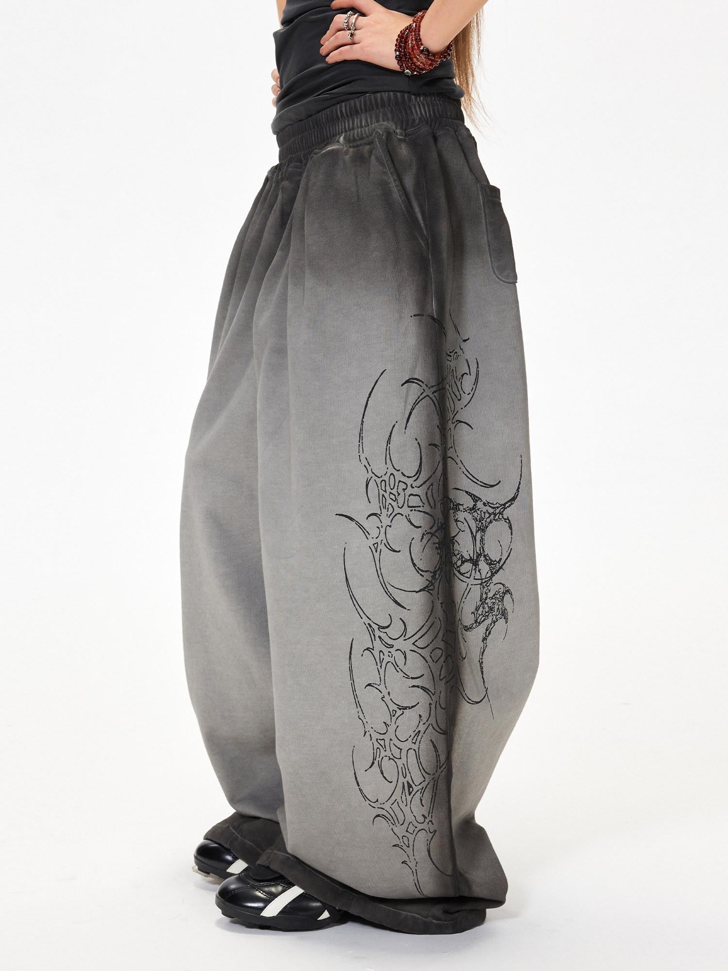 3MODE Gray Heavy Embroidery Mid High Waist Loose Women&