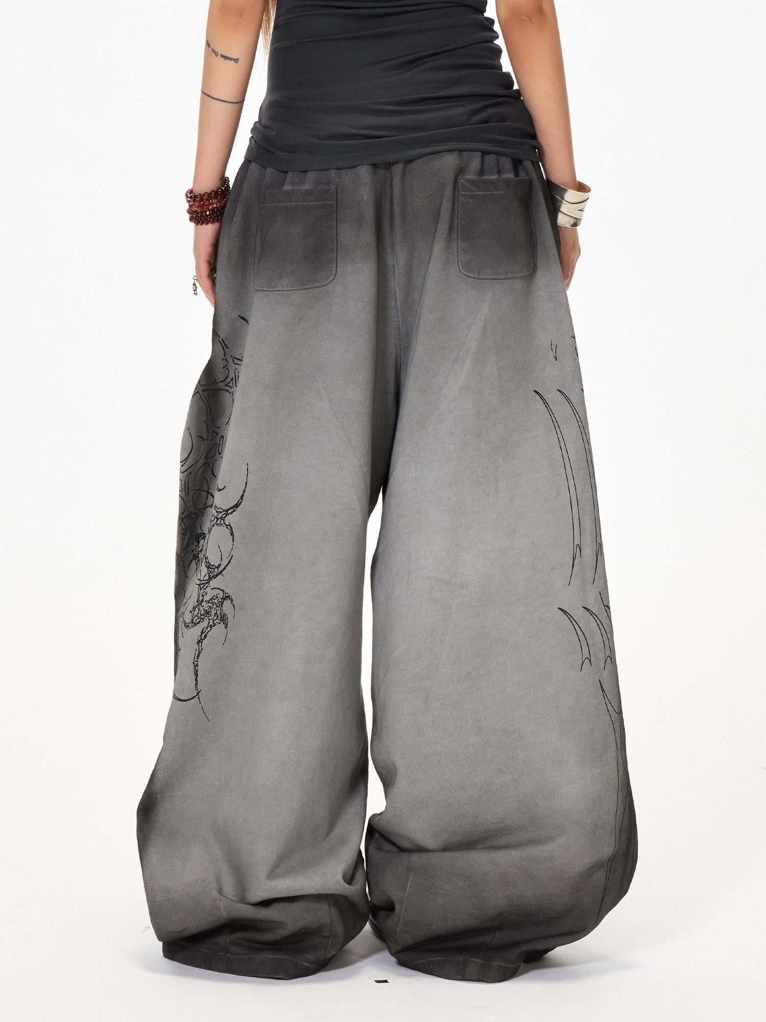 3MODE Gray Heavy Embroidery Mid High Waist Loose Women&