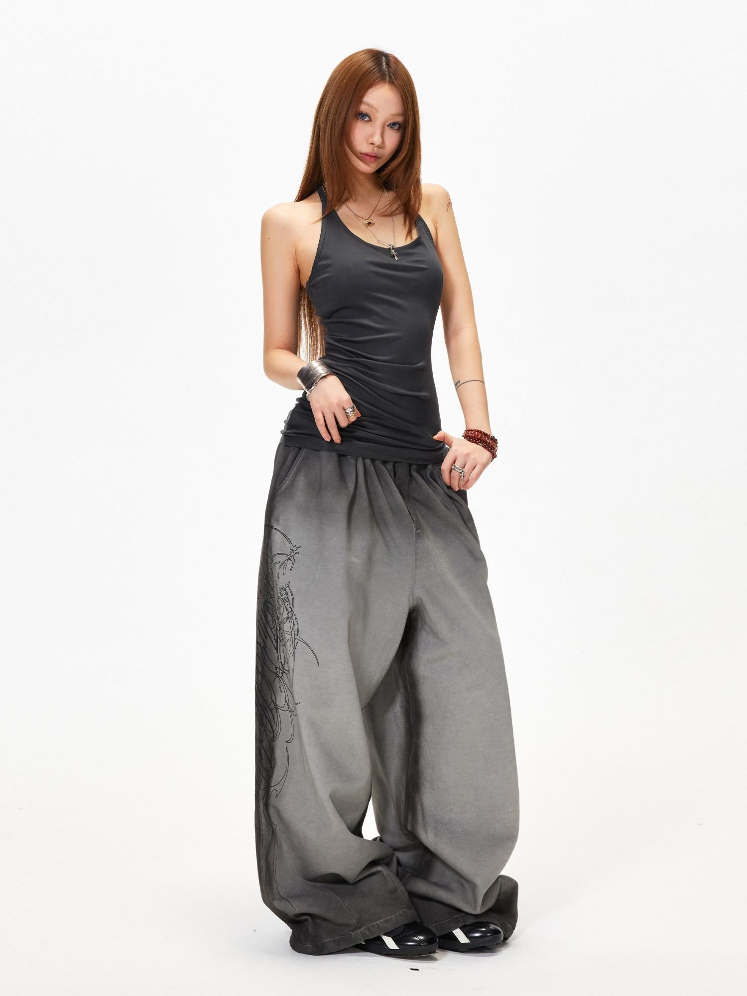 3MODE Gray Heavy Embroidery Mid High Waist Loose Women&