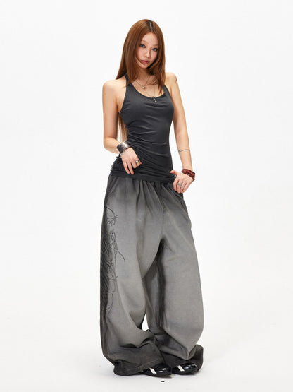 3MODE Gray Heavy Embroidery Mid High Waist Loose Women&