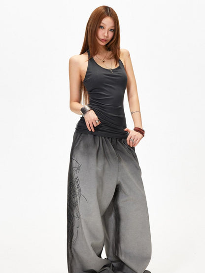 3MODE Gray Heavy Embroidery Mid High Waist Loose Women&