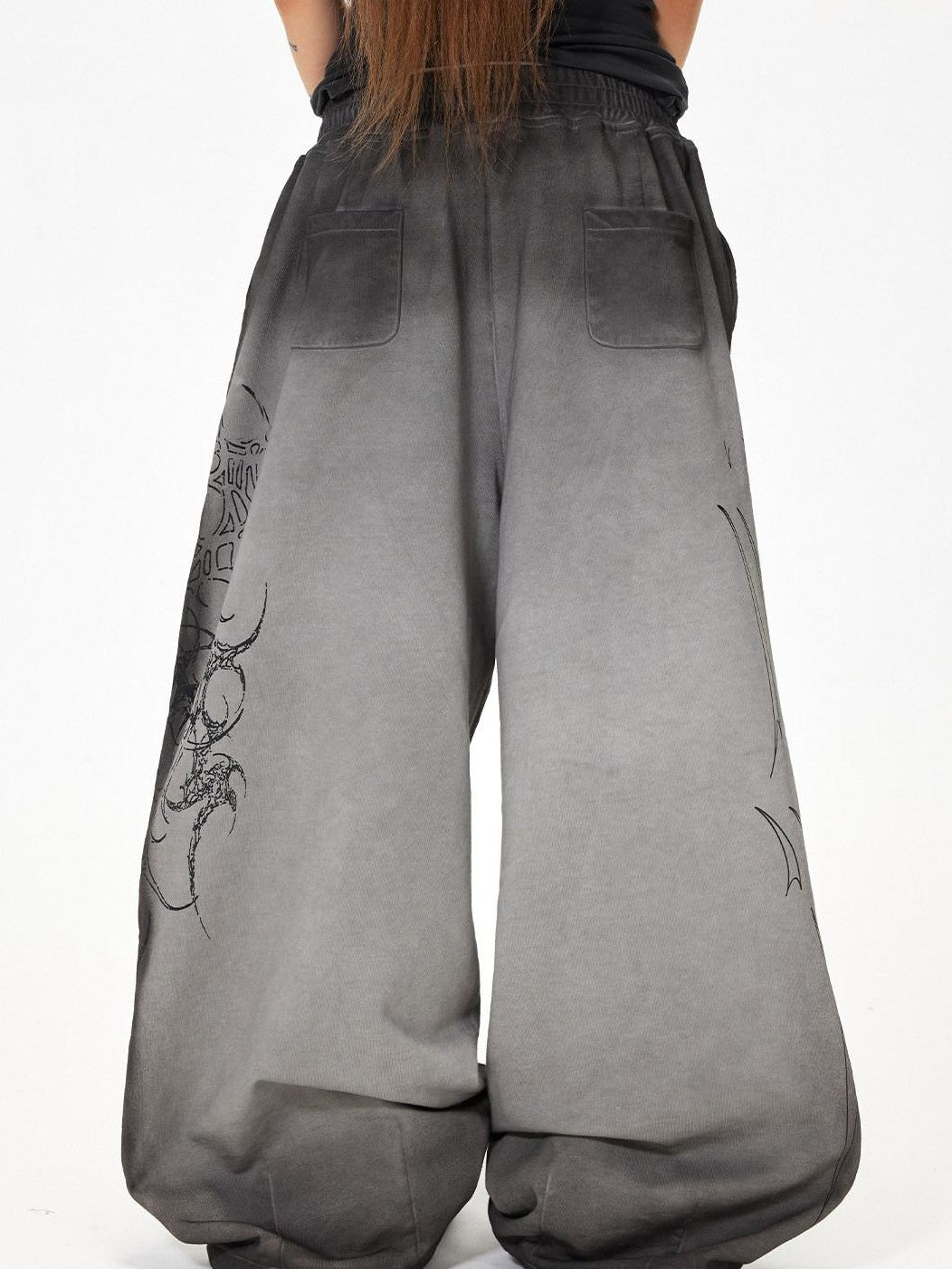 3MODE Gray Heavy Embroidery Mid High Waist Loose Women&
