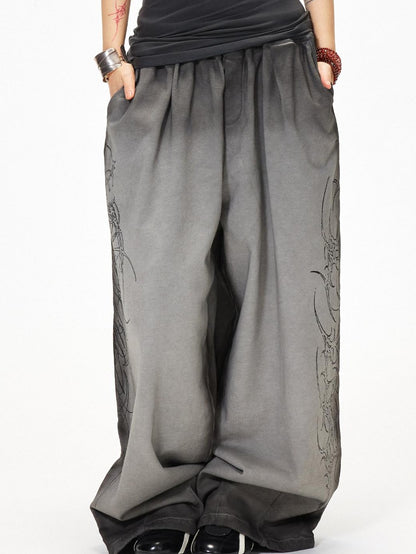 3MODE Gray Heavy Embroidery Mid High Waist Loose Women&