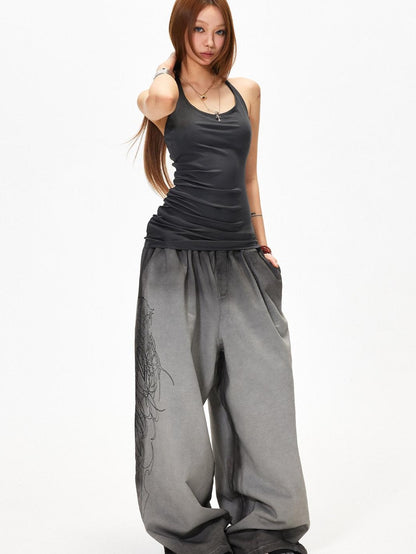 3MODE Gray Heavy Embroidery Mid High Waist Loose Women&