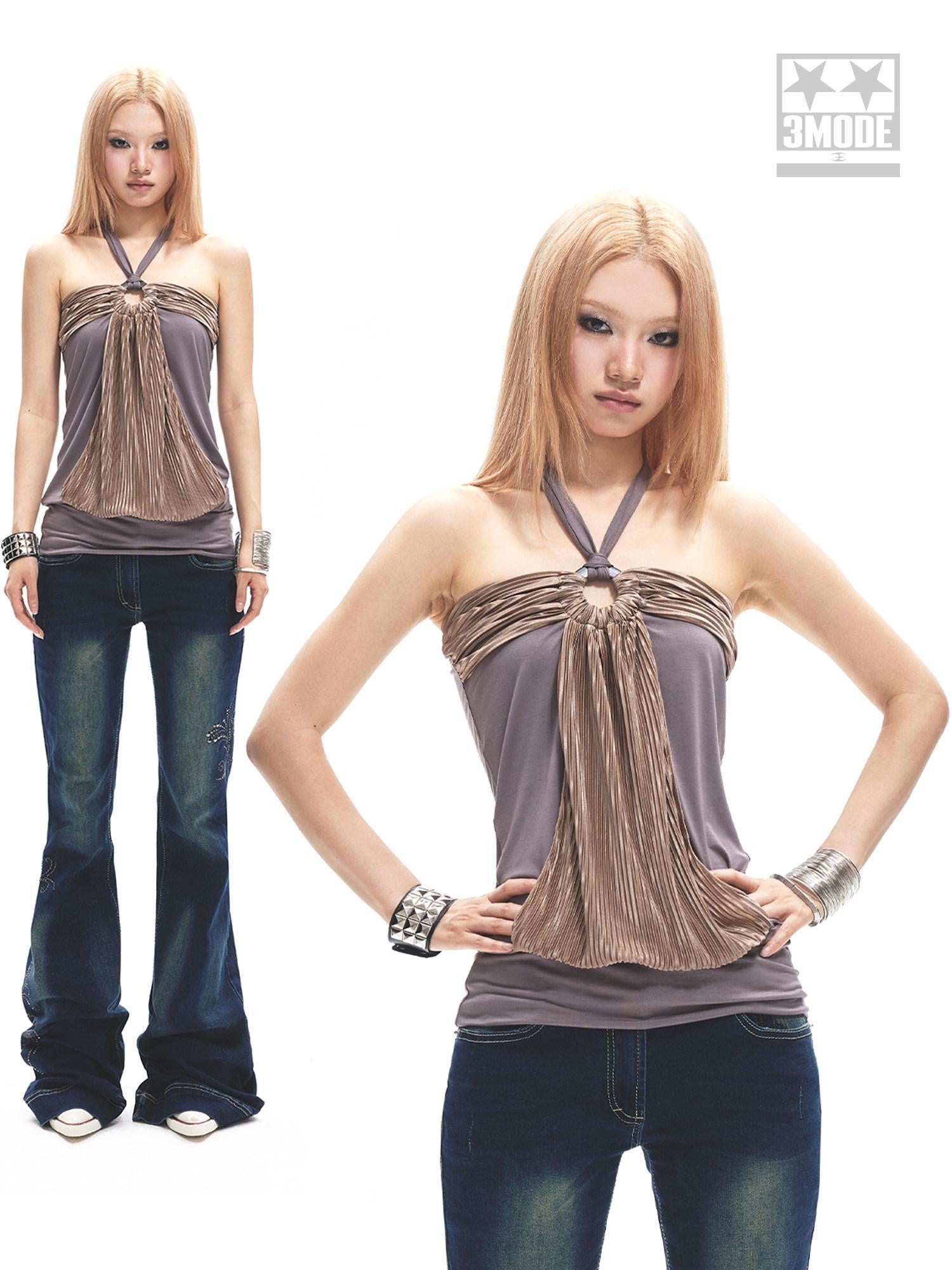 3MODE Gray Purple Colorblock Ruched Front Cutout Women&