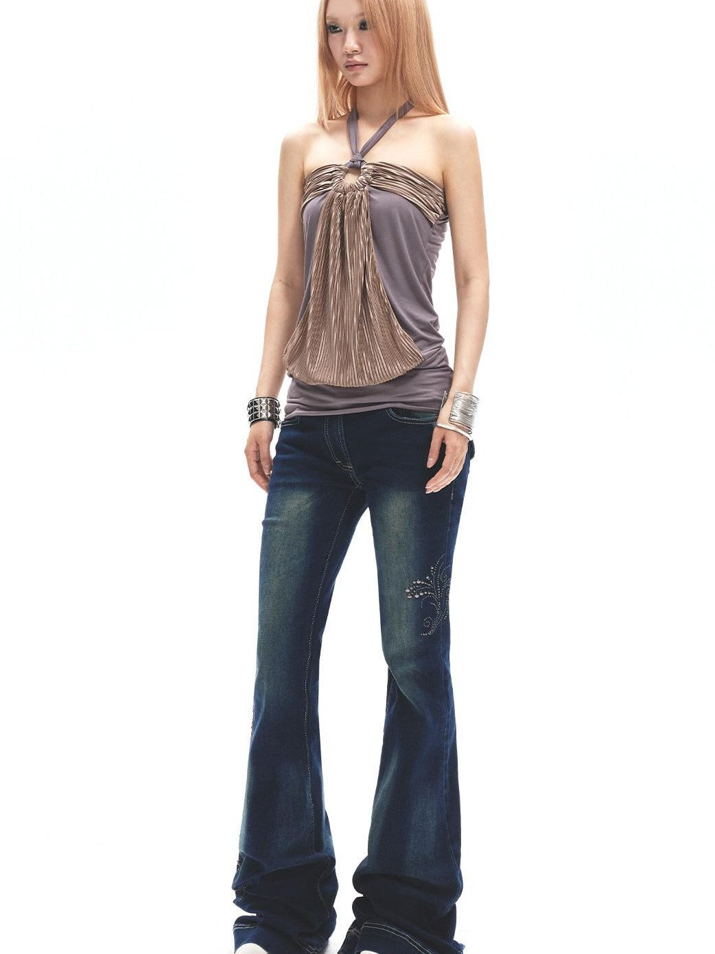 3MODE Gray Purple Colorblock Ruched Front Cutout Women&