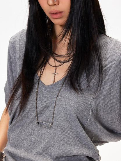 3MODE Gray Sexy Batwing V-neck Women&