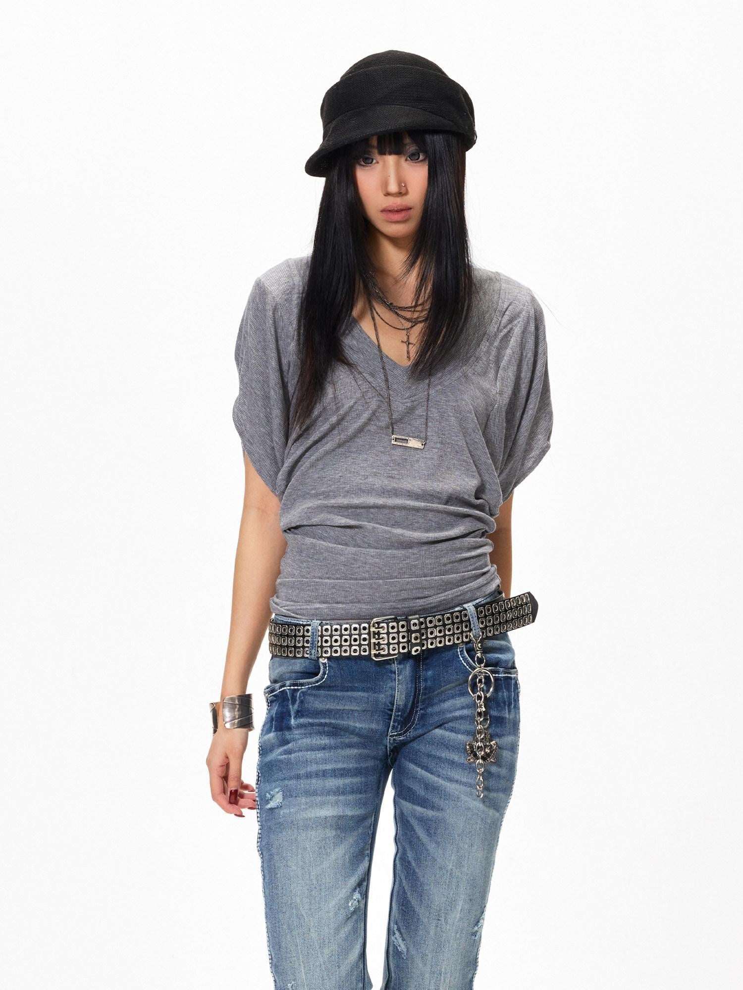 3MODE Gray Sexy Batwing V-neck Women&