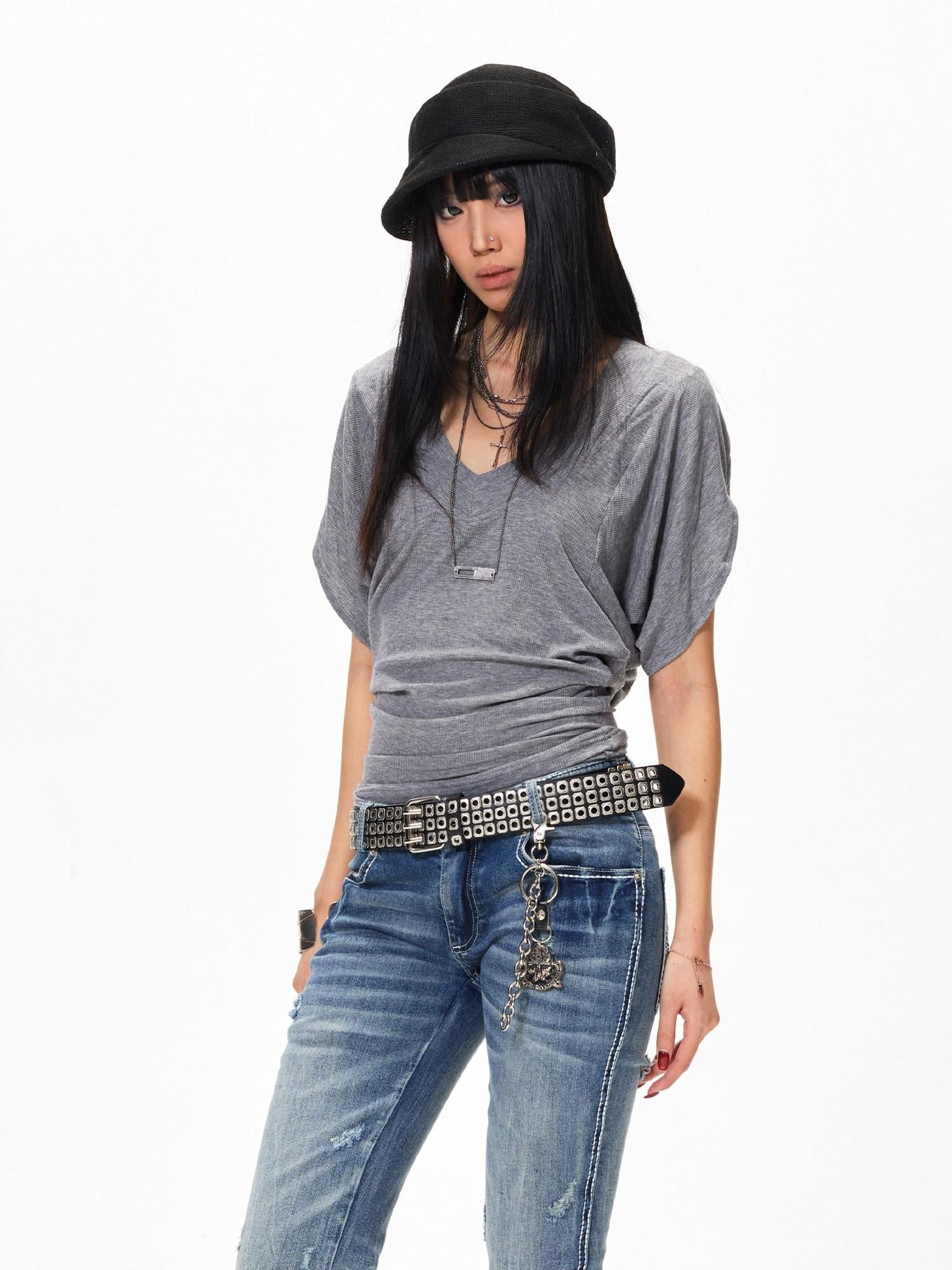3MODE Gray Sexy Batwing V-neck Women&
