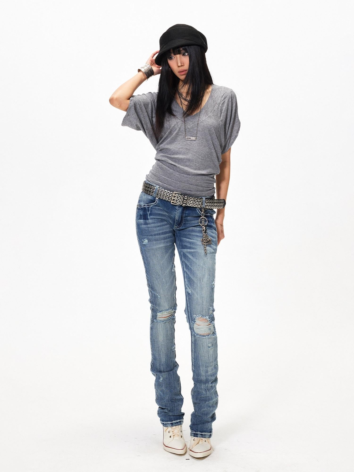 3MODE Gray Sexy Batwing V-neck Women&