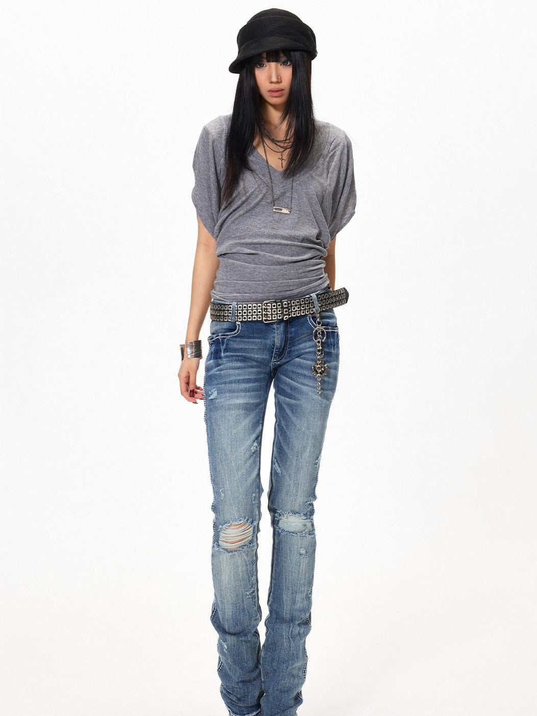 3MODE Gray Sexy Batwing V-neck Women&