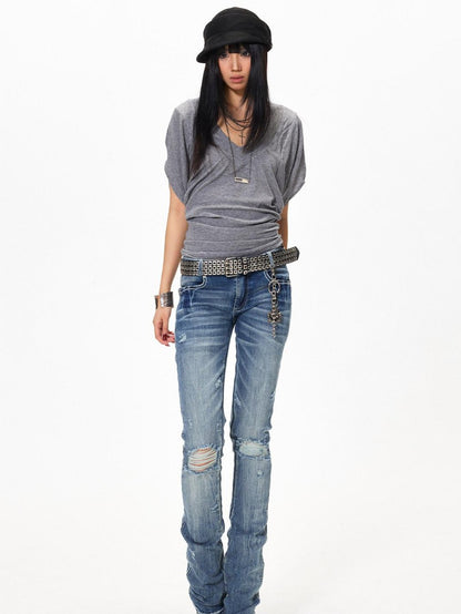 3MODE Gray Sexy Batwing V-neck Women&
