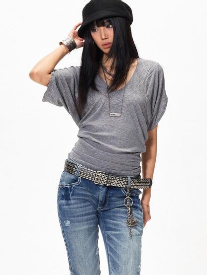 3MODE Gray Sexy Batwing V-neck Women&