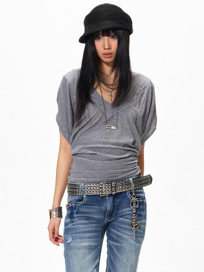 3MODE Gray Sexy Batwing V-neck Women&
