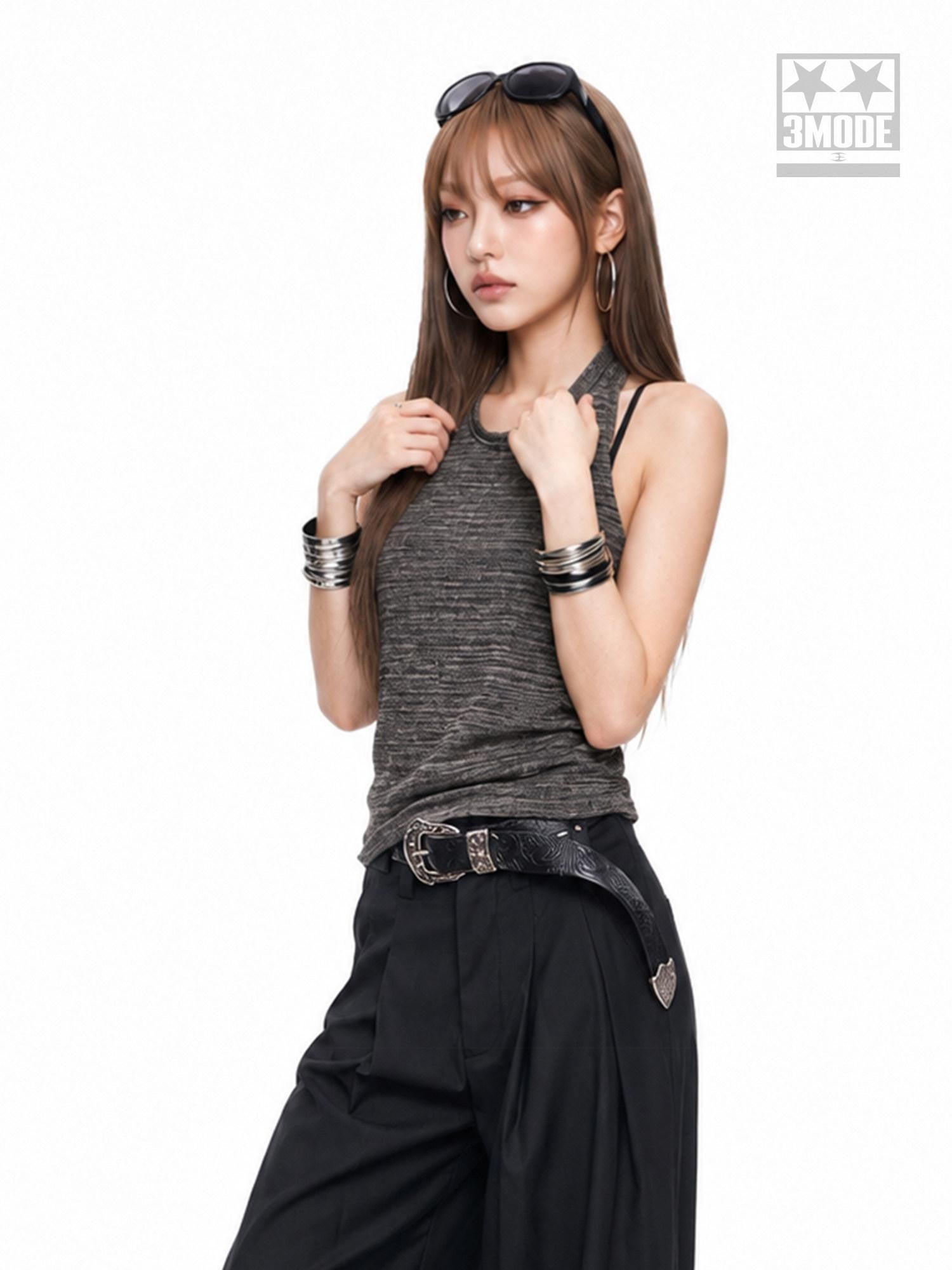 3MODE Heather Gray Vintage Knitted Halter Open Back Women&