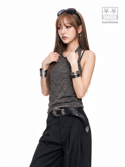 3MODE Heather Gray Vintage Knitted Halter Open Back Women&
