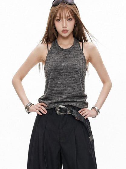 3MODE Heather Gray Vintage Knitted Halter Open Back Women&