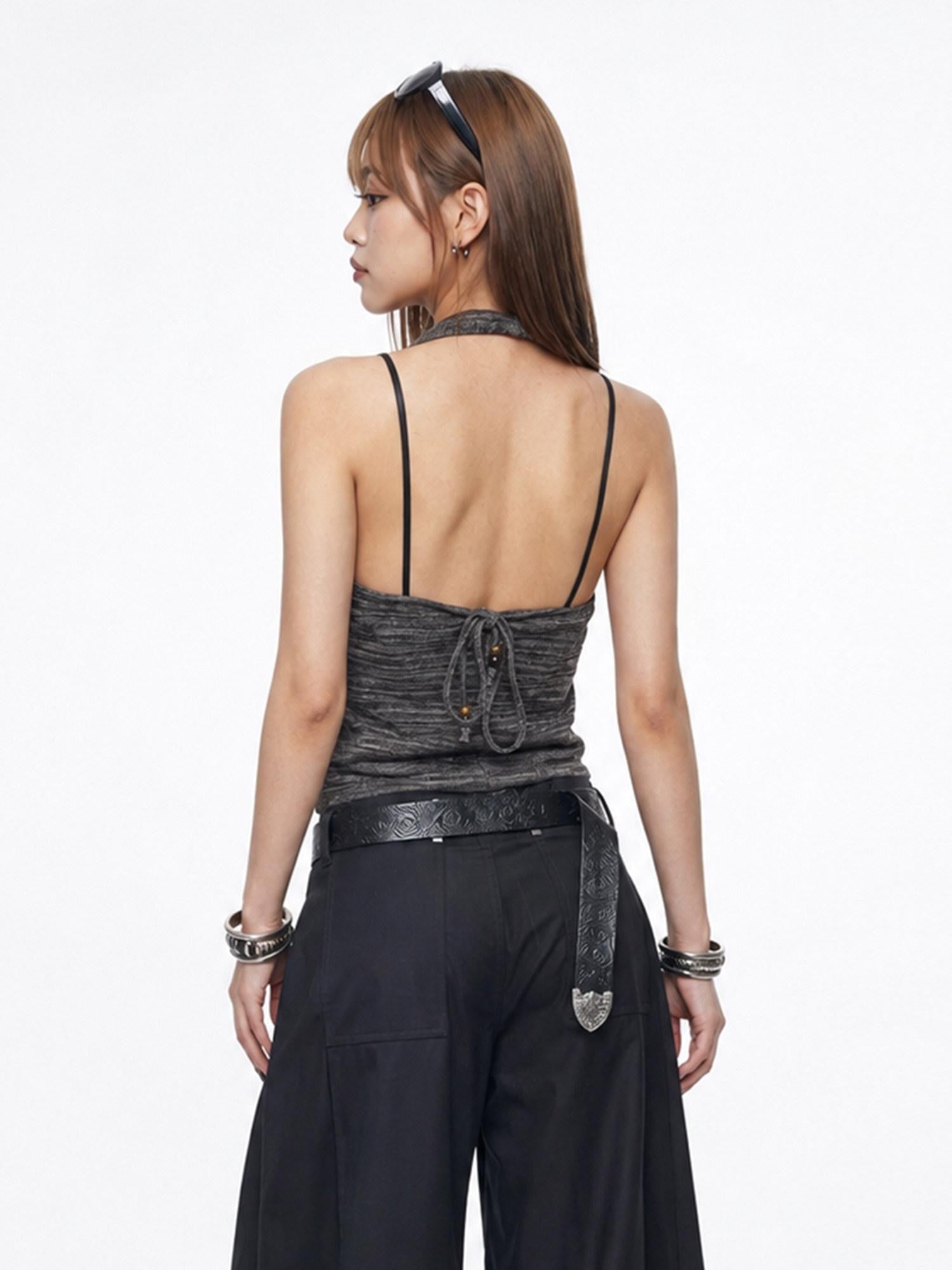 3MODE Heather Gray Vintage Knitted Halter Open Back Women&