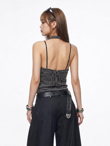 3MODE Heather Gray Vintage Knitted Halter Open Back Women&