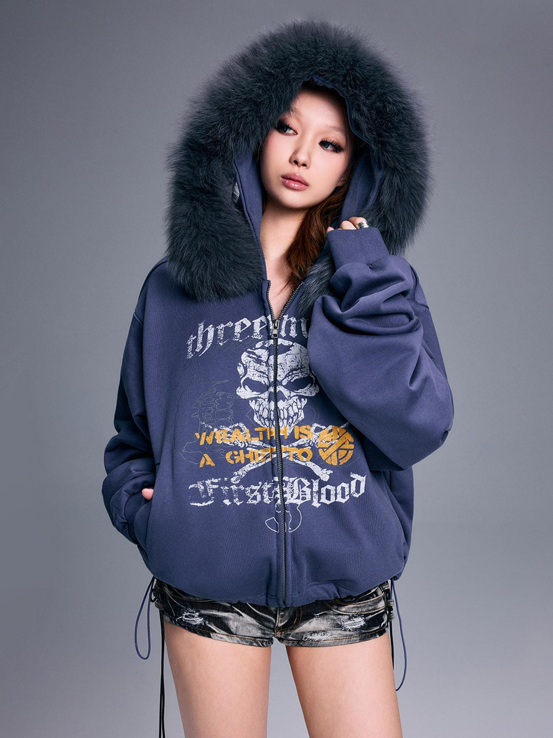 3MODE Heather Grey Faux Fur Hooded Cartoon Loose Women&