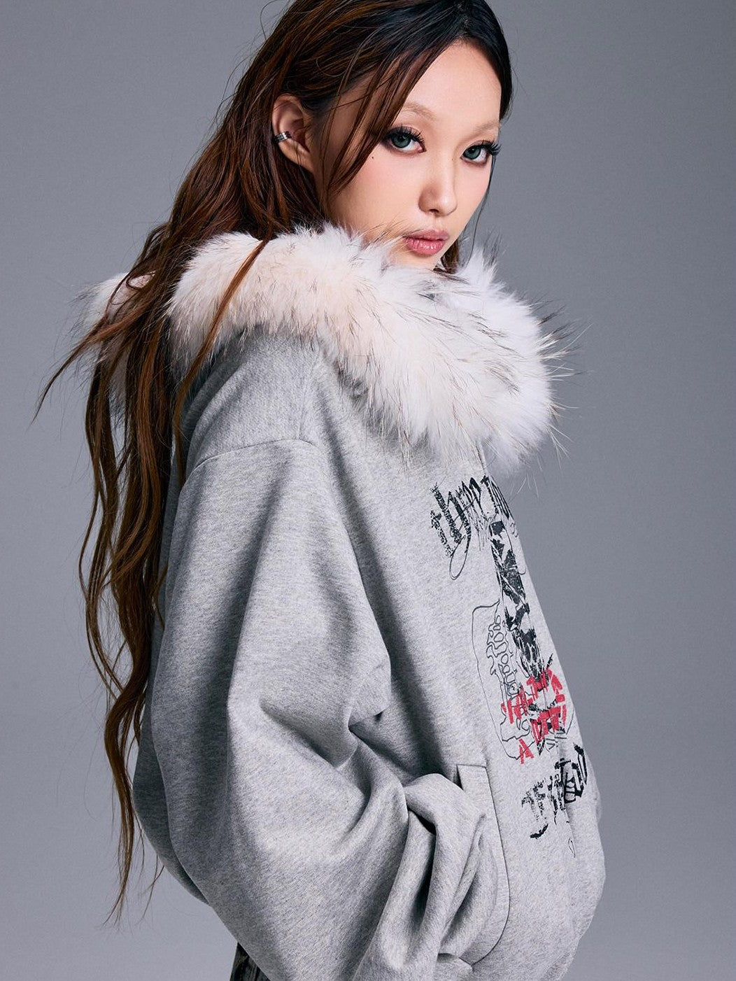 3MODE Heather Grey Faux Fur Hooded Cartoon Loose Women&