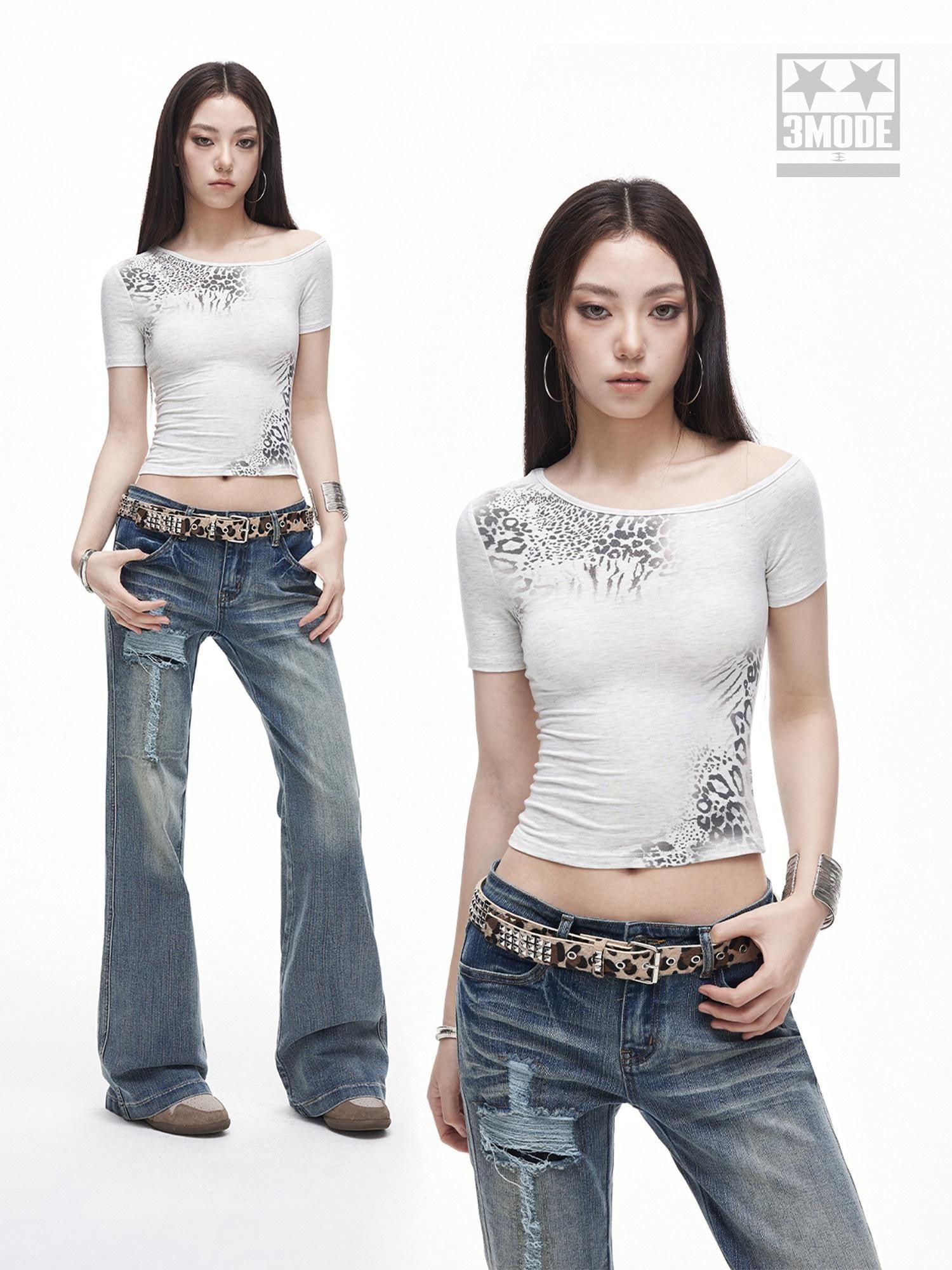 3MODE Leopard Print Asymmetric Shoulder Cropped Slim Women&