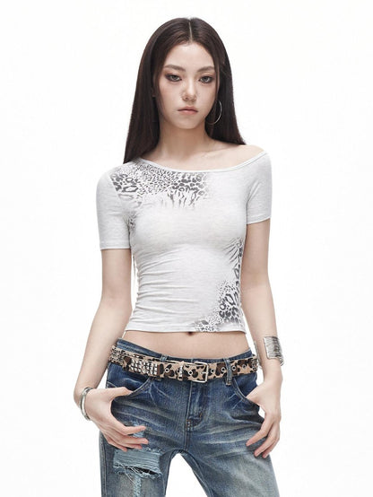 3MODE Leopard Print Asymmetric Shoulder Cropped Slim Women&