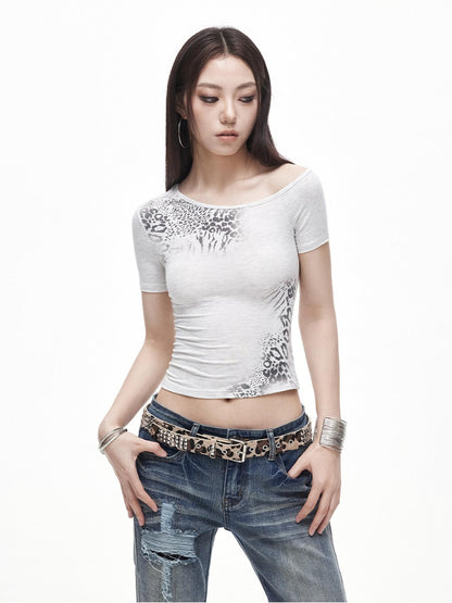 3MODE Leopard Print Asymmetric Shoulder Cropped Slim Women&