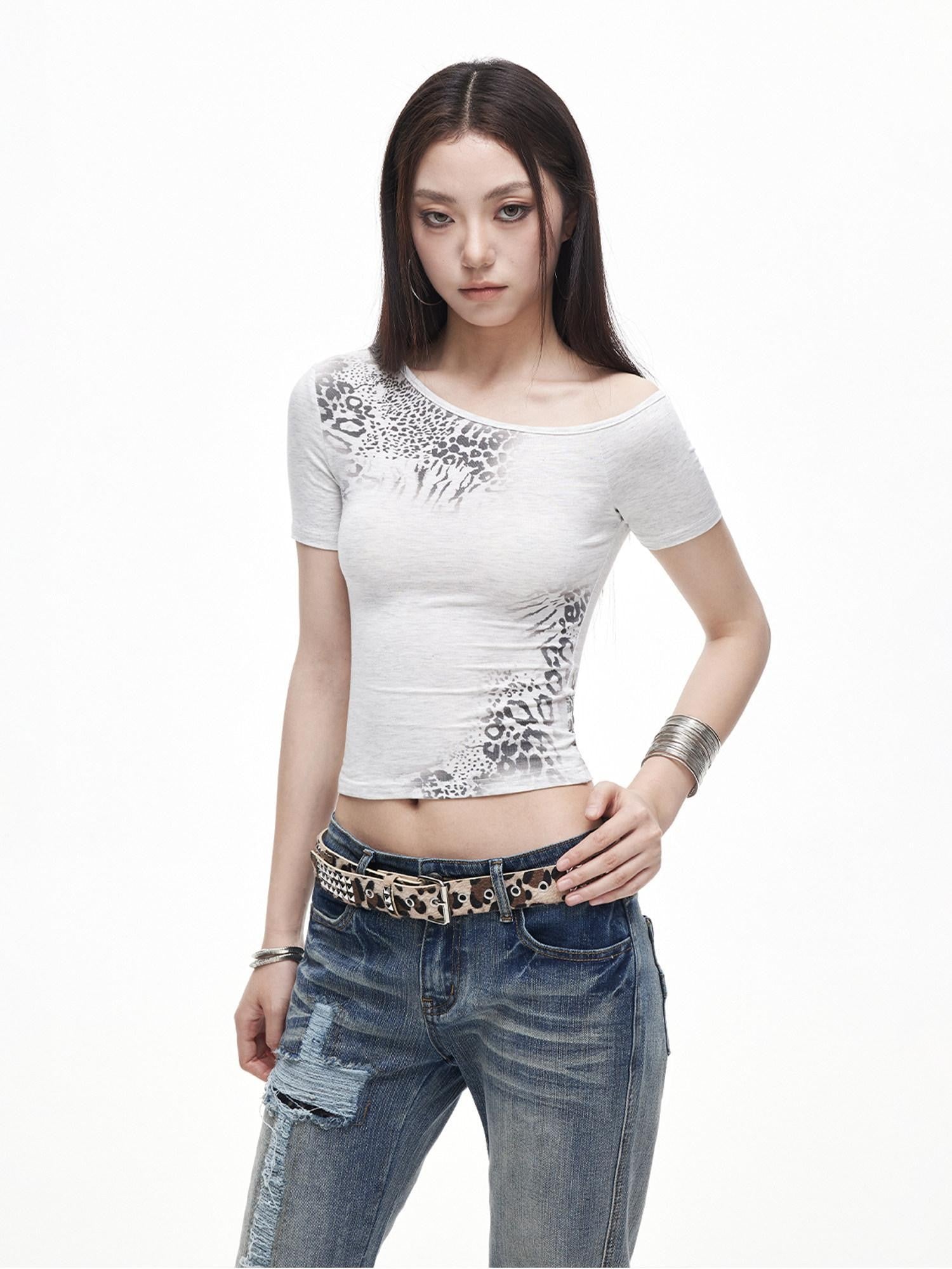 3MODE Leopard Print Asymmetric Shoulder Cropped Slim Women&