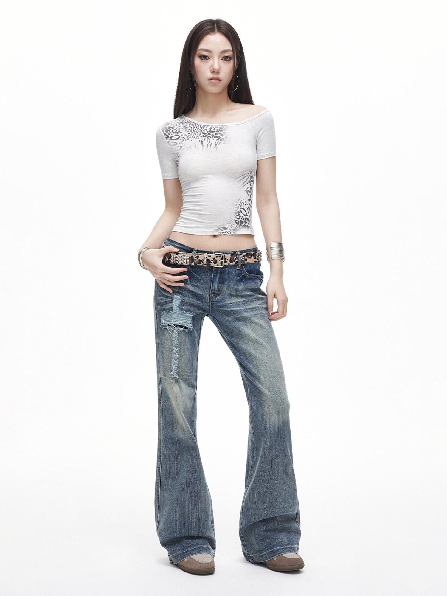 3MODE Leopard Print Asymmetric Shoulder Cropped Slim Women&