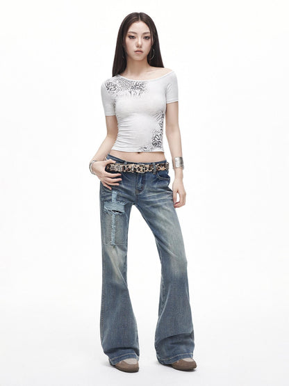 3MODE Leopard Print Asymmetric Shoulder Cropped Slim Women&