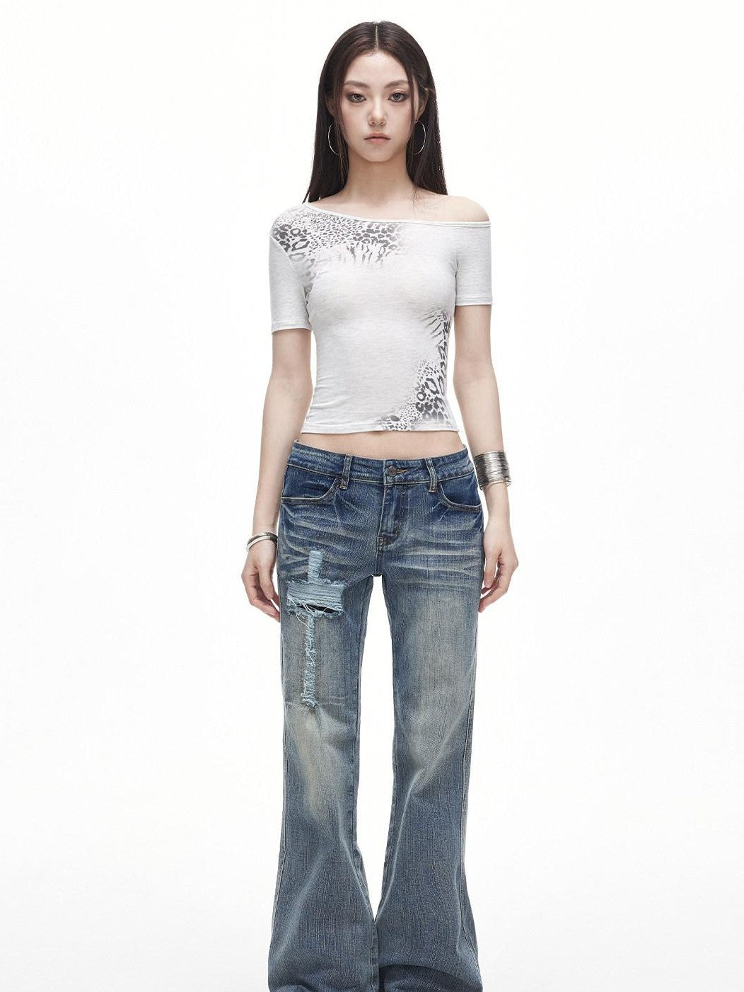 3MODE Leopard Print Asymmetric Shoulder Cropped Slim Women&